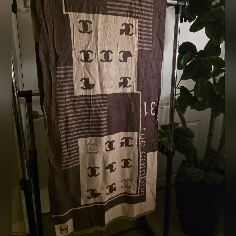 CHANEL Brown and Cream Logo Scarf
